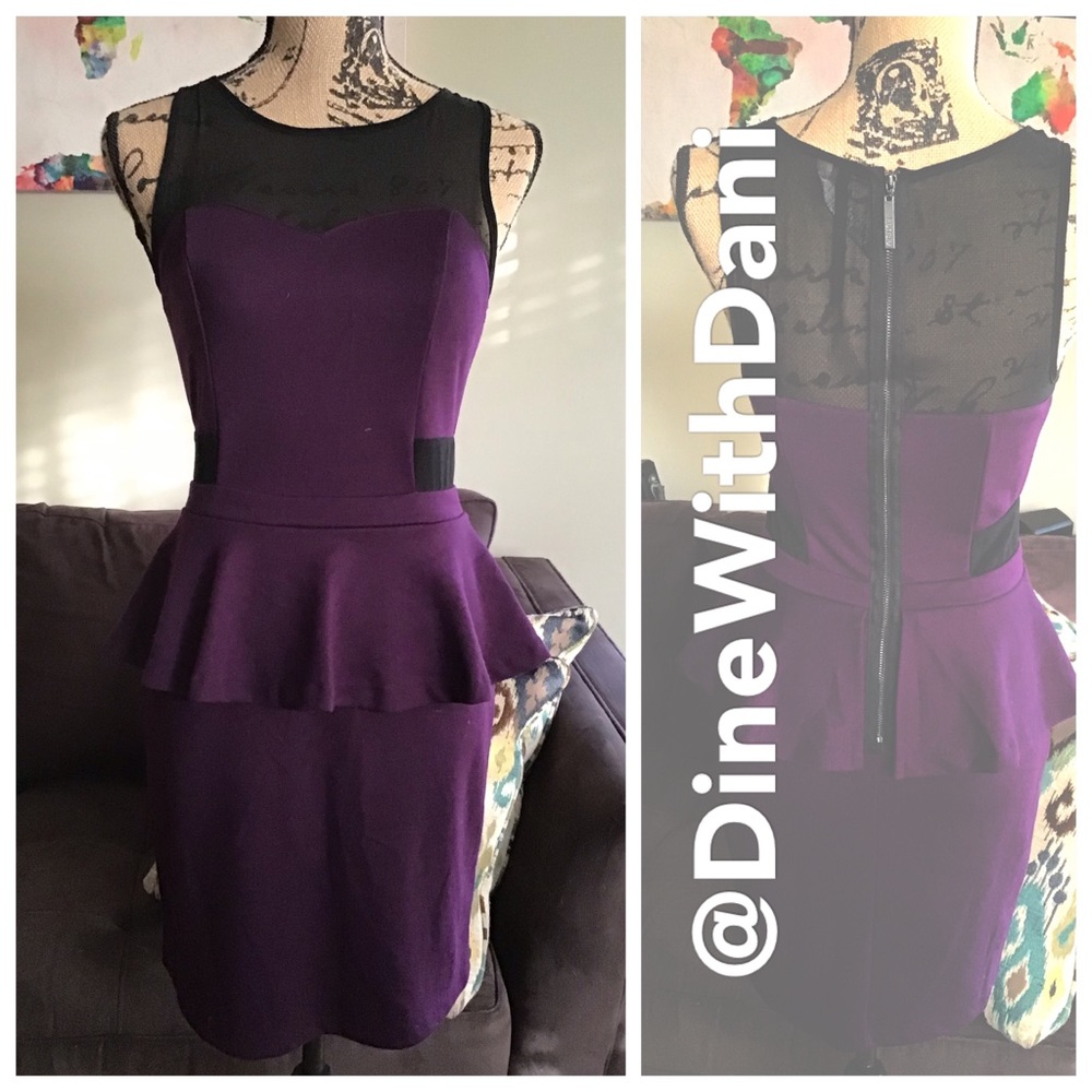 Purple peplum dress with sheer sweetheart top.